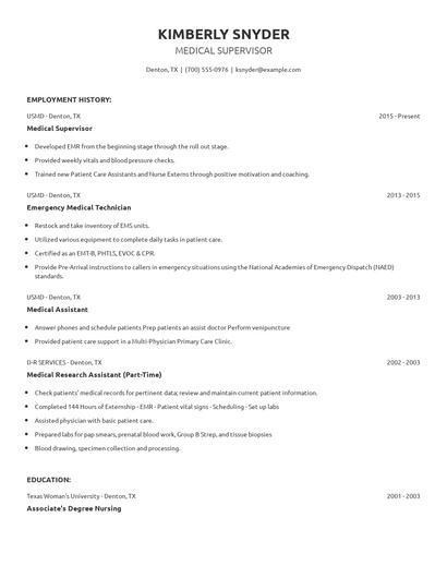 Medical Supervisor Resume