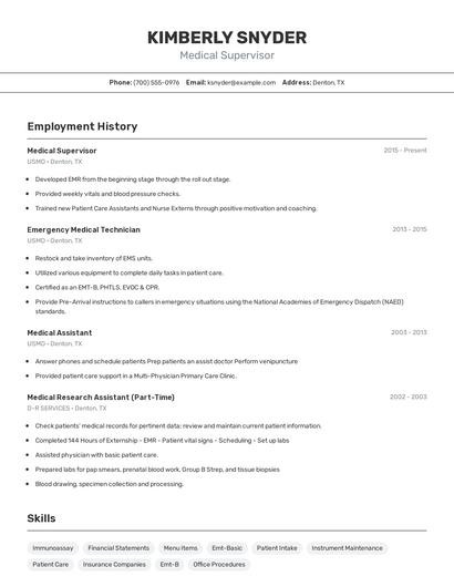 Medical Supervisor Resume