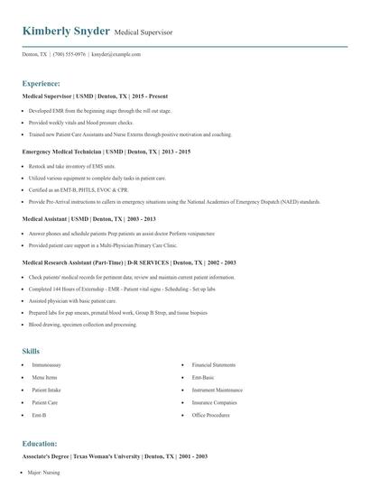 Medical Supervisor Resume
