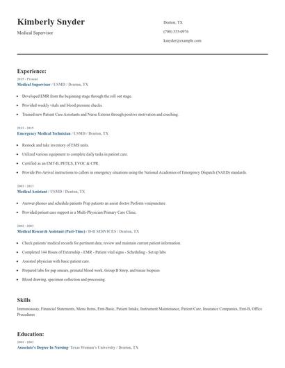 Medical Supervisor Resume
