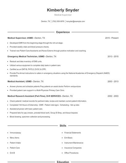 Medical Supervisor Resume