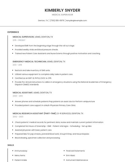 Medical Supervisor Resume