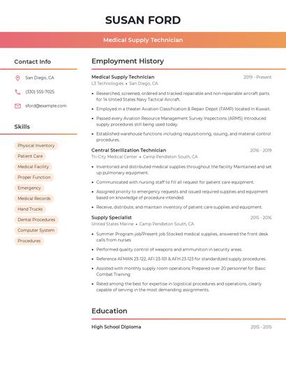 Medical Supply Technician Resume