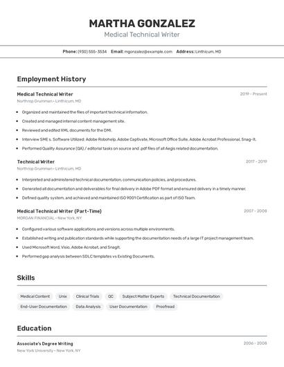 Medical Technical Writer Resume