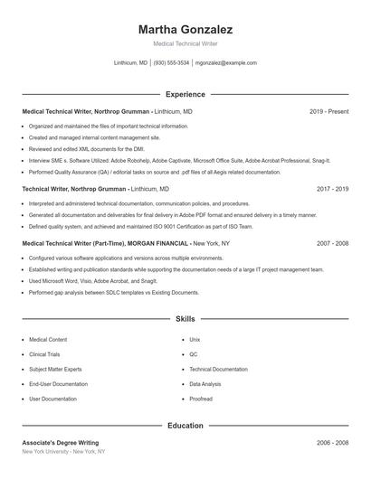 Medical Technical Writer Resume