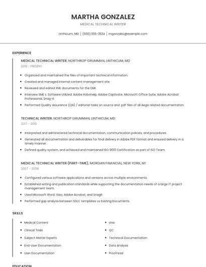Medical Technical Writer Resume