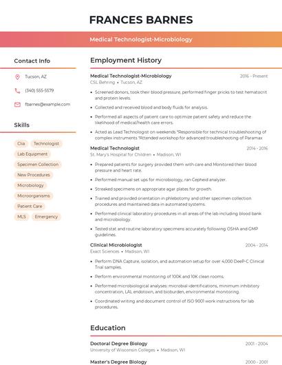 Medical Technologist-Microbiology Resume