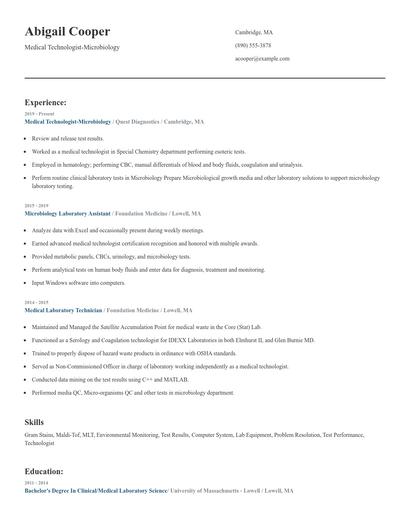 Medical Technologist-Microbiology Resume