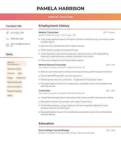 Medical Transcriber Resume