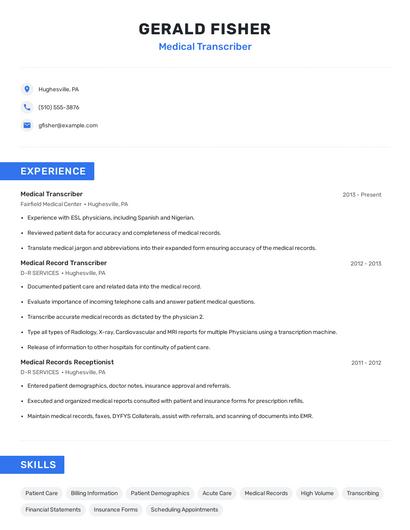 Medical Transcriber Resume