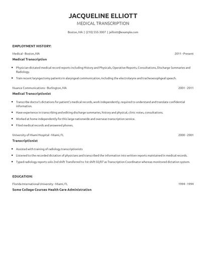 Medical Transcription Resume