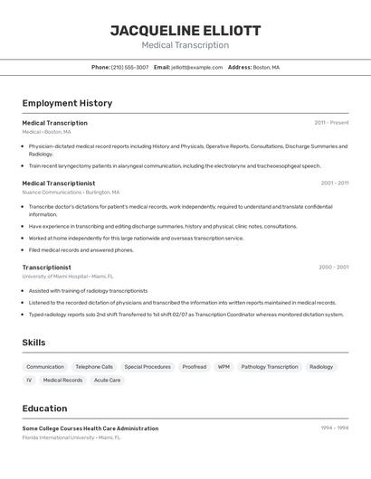 Medical Transcription Resume