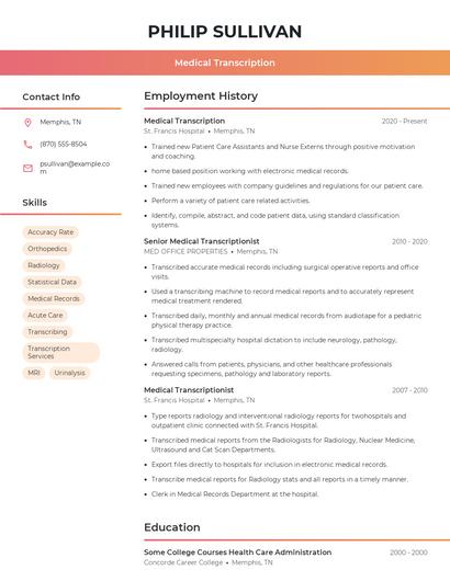 Medical Transcription Resume