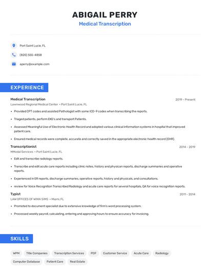 Medical Transcription Resume