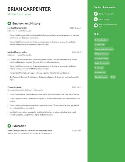Medical Transcription Resume
