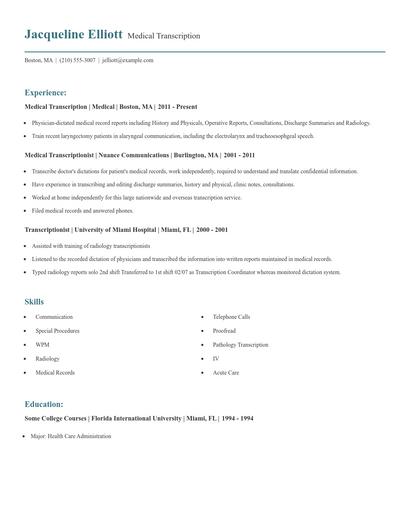 Medical Transcription Resume