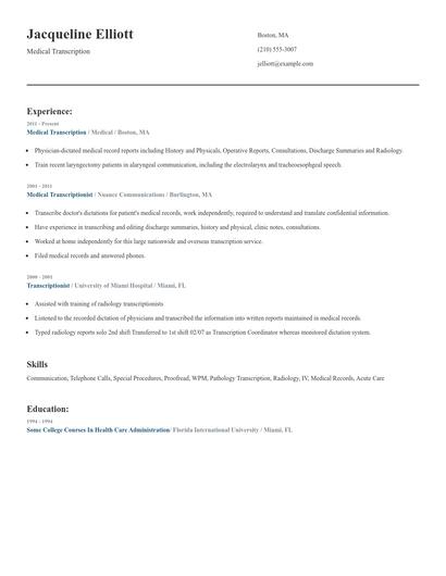 Medical Transcription Resume