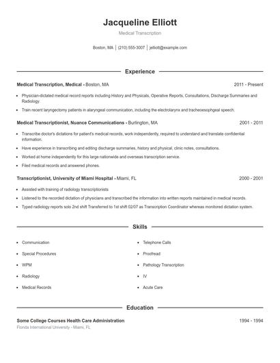 Medical Transcription Resume