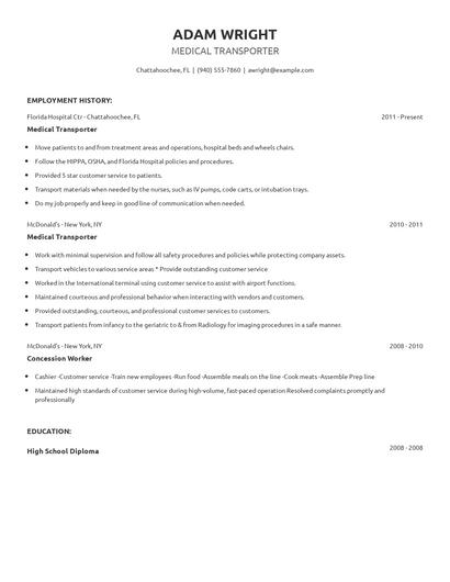 Medical Transporter Resume