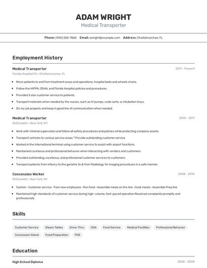 Medical Transporter Resume