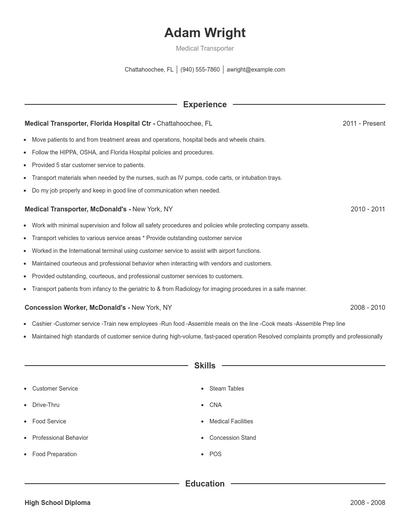 Medical Transporter Resume