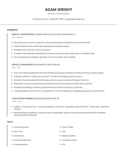 Medical Transporter Resume