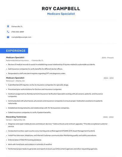 Medicare Specialist Resume