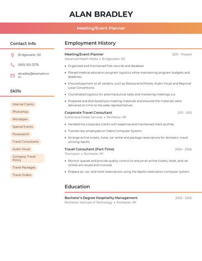 Meeting/Event Planner Resume