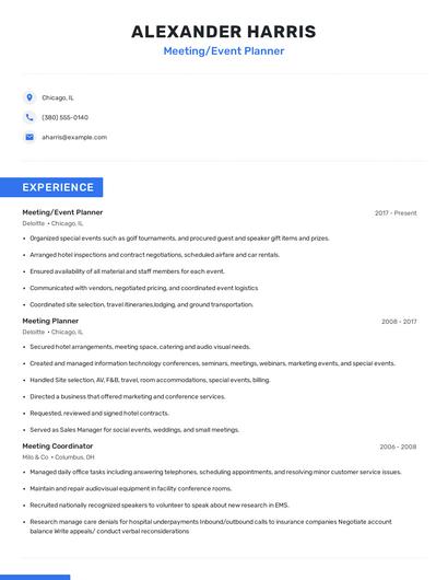 Meeting/Event Planner Resume