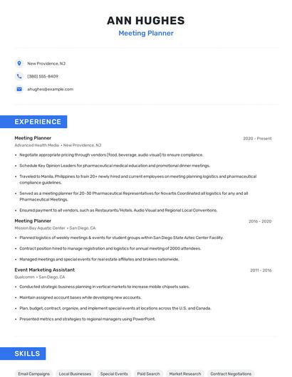 Meeting Planner Resume