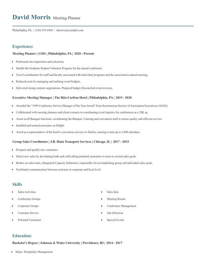 Meeting Planner Resume