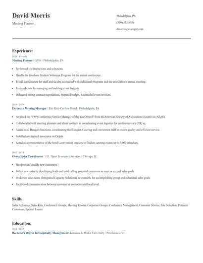 Meeting Planner Resume