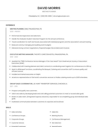 Meeting Planner Resume