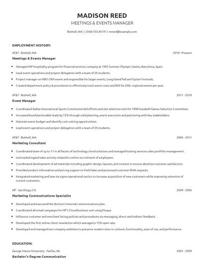 Meetings & Events Manager Resume