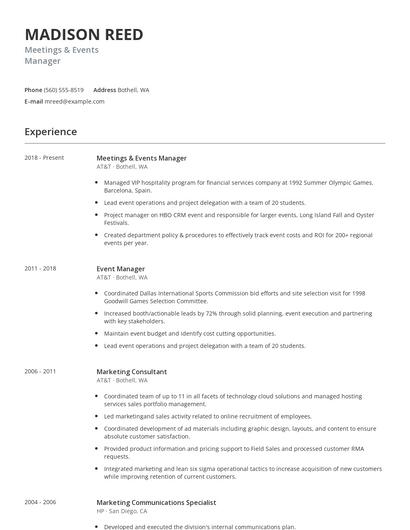 Meetings & Events Manager Resume