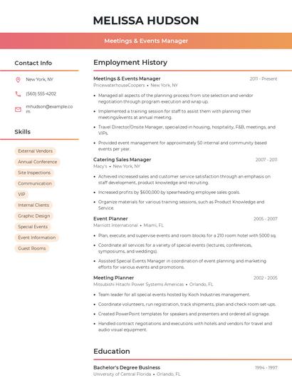 Meetings & Events Manager Resume