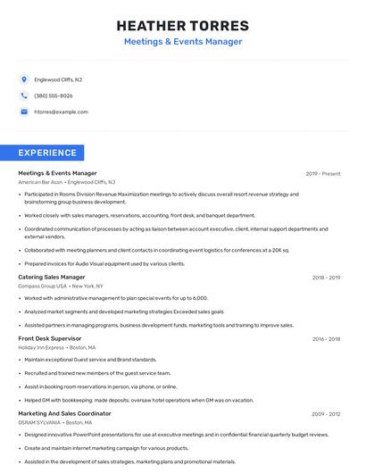 Meetings & Events Manager Resume