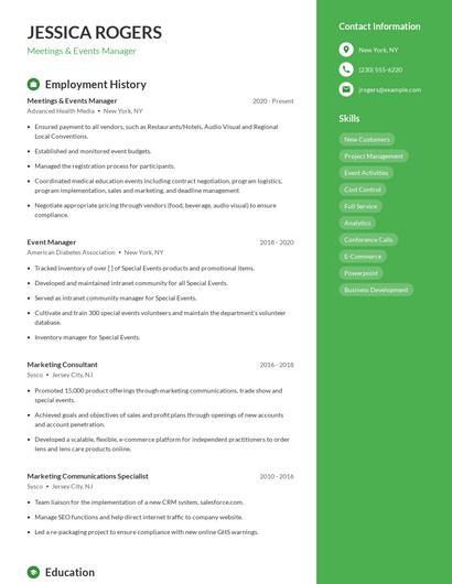 Meetings & Events Manager Resume