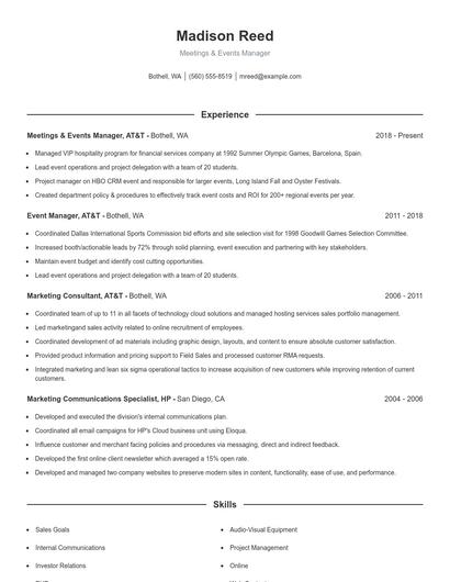Meetings & Events Manager Resume