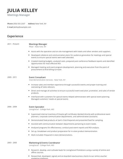 Meetings Manager Resume