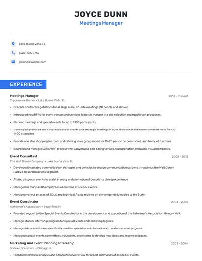 Meetings Manager Resume