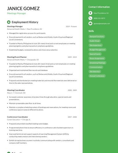 Meetings Manager Resume