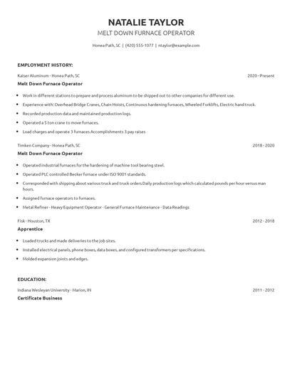 Melt Down Furnace Operator Resume