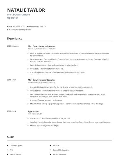Melt Down Furnace Operator Resume