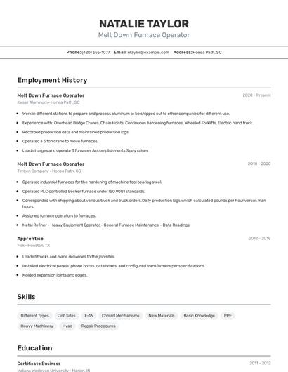 Melt Down Furnace Operator Resume