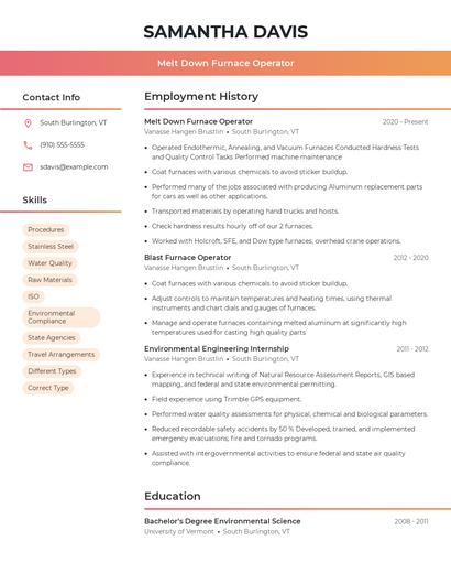 Melt Down Furnace Operator Resume