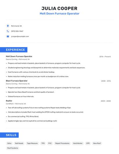 Melt Down Furnace Operator Resume