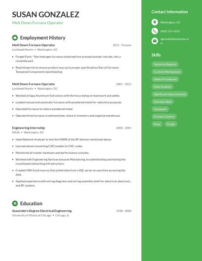 Melt Down Furnace Operator Resume