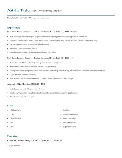 Melt Down Furnace Operator Resume