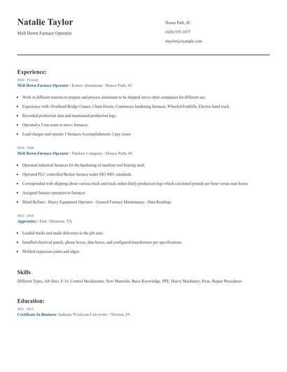 Melt Down Furnace Operator Resume
